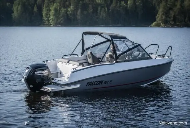 A white Falcon BR 5 boat with a Mercury outboard motor on calm water, surrounded by green forest in the background.